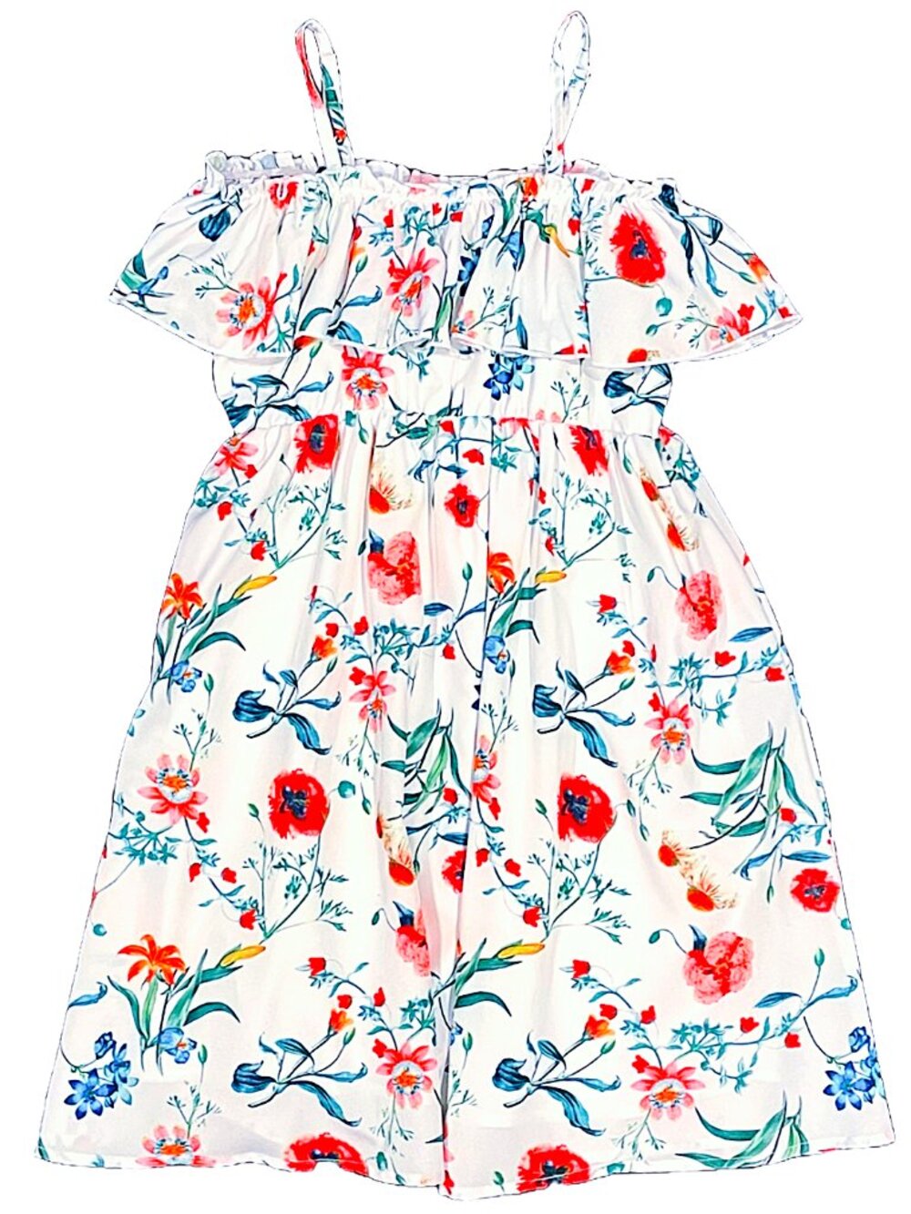 Girls Floral Ruffle Sundress Size 8–9 White Cold Shoulder Dress